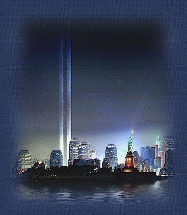 Graphic illustrates beacons of hope and love rising from where New York's twin towers stood before the 9-11 attack on America.