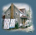 Farm house with quilts hanging on line graphic.