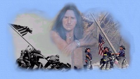 Graphic designed from photo's of the raising of the flag at Iwo Jima  by Ira Hayes and other Marines, and at the World Trade Center by firemen. In remembrance  of the terrorist attack 9-11.
