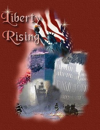 LIBERTY RISING title graphic depicts statue of liberty and American flag over trade center towers after 9-11 attack on New York.