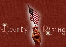 Liberty Rising Words and graphic of hand holding flag.