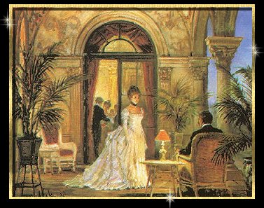 Graphic of man and woman in romantic setting.