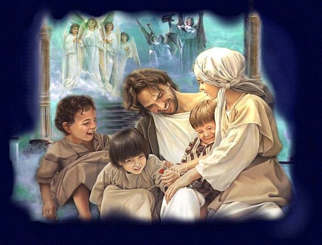 Picture of Jesus with children in Heaven.  Top graphic for My Son Lives in Paradise poem