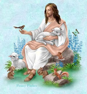 Jesus holding a sparrow, and a lamb.  His Eye Is On The Sparrow.